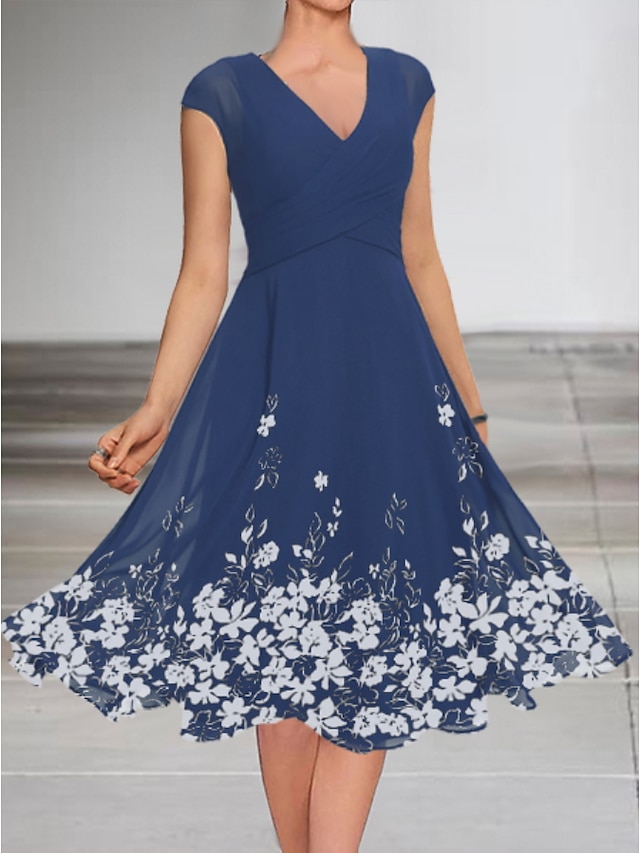 Womens Clothing Womens Dresses | Womens A Line Dress Midi Dress Blue Short Sleeve Floral Ruched Print Spring Summer V Neck Elega