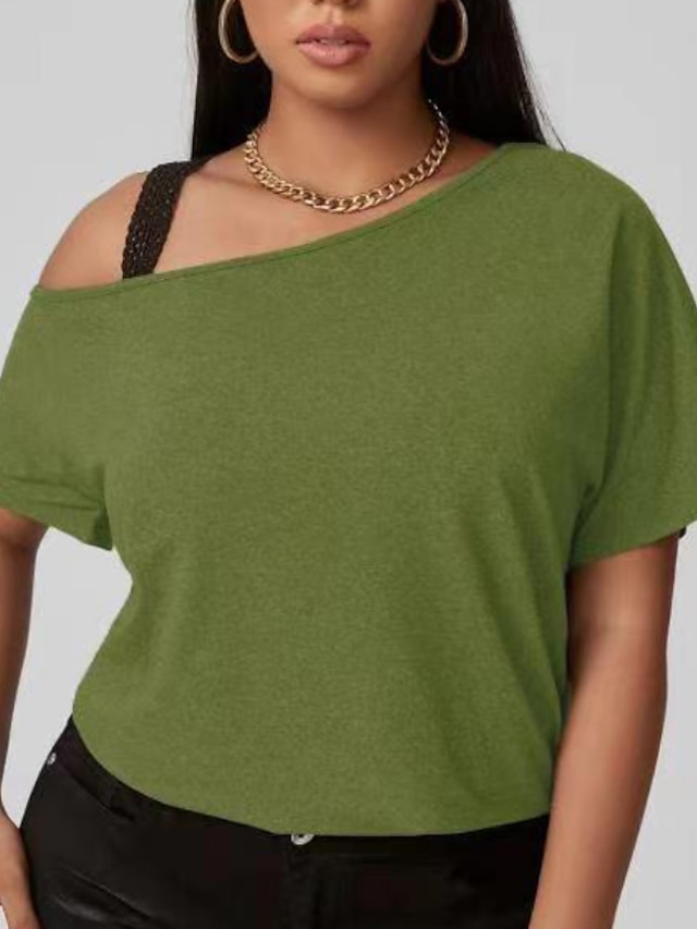 Womens Clothing Plus Size Collection | Womens Plus Size Tops Blouse T shirt Tee Plain Backless Short Sleeve One Shoulder Streetw