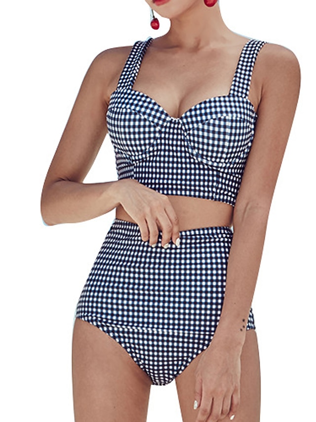 Womens Clothing Womens Swimwear | Womens Swimwear Bikini 2 Piece Normal Swimsuit Push Up High Waisted Houndstooth Tie Dye Blue P