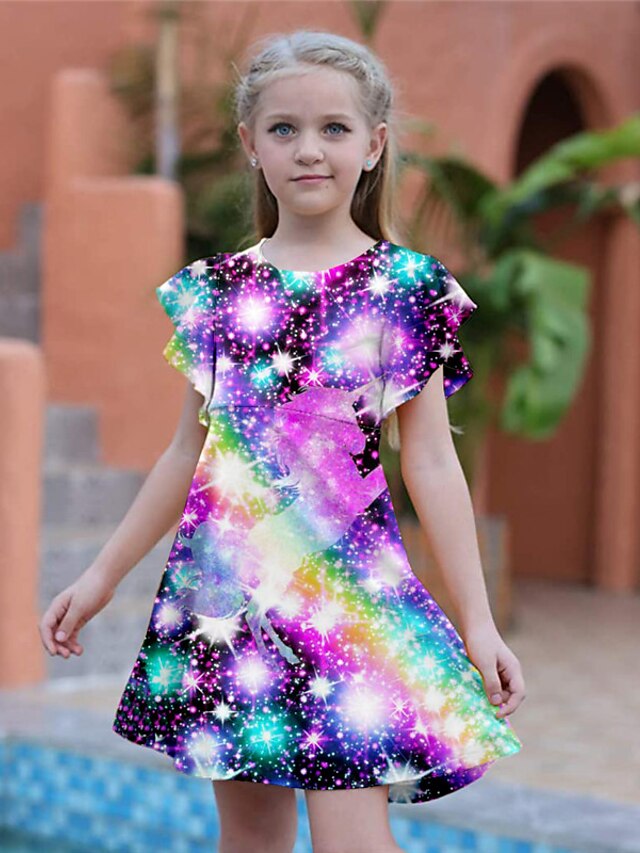 Baby & Kids Girls Clothing | Kids Little Girls Dress Galaxy Unicorn Animal A Line Dress Daily Holiday Vacation Ruffle Print Purp