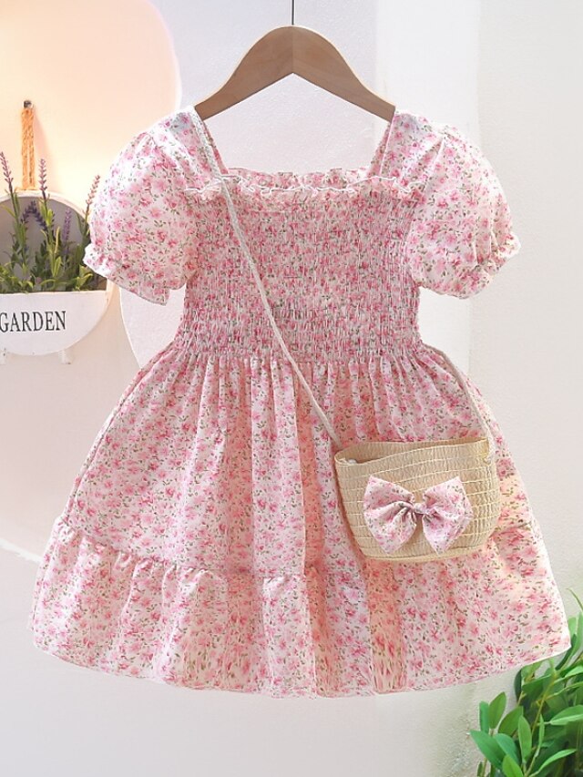 Baby & Kids Girls Clothing | Kids Little Girls Dress Floral A Line Dress Daily Performance Ruched Print Blue Pink Champagne Abov