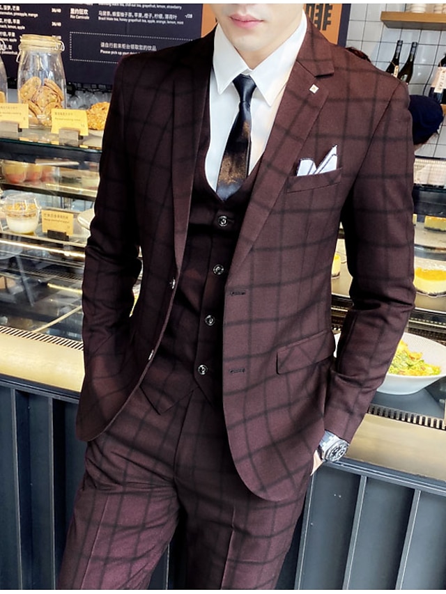  Black Burgundy Gray Men's Fall Wedding 3 Piece Plaid Checkered Tailored Fit Single Breasted Two-buttons 2024