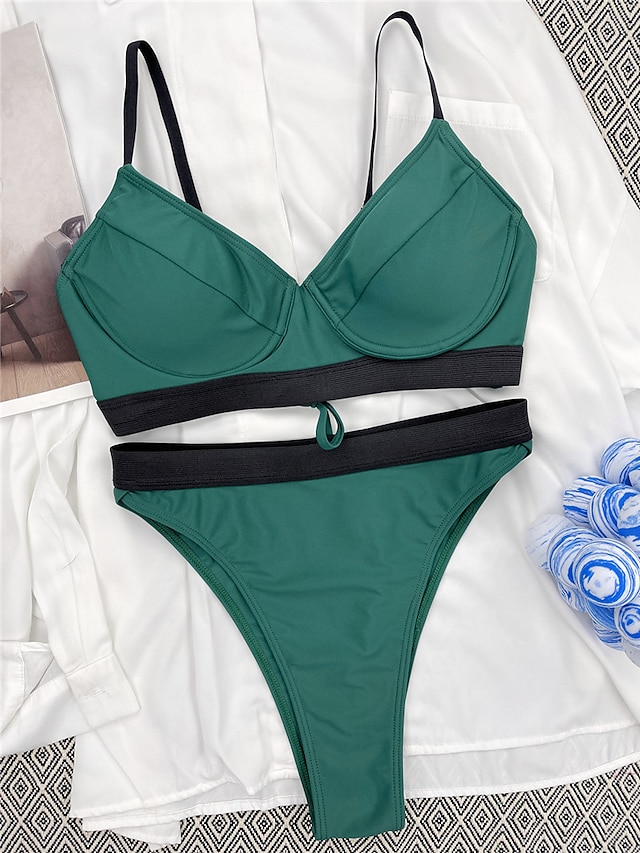 Womens Clothing Womens Swimwear | Womens Swimwear Bikini 2 Piece Normal Swimsuit Open Back Pure Color Army Green Camisole Strap 