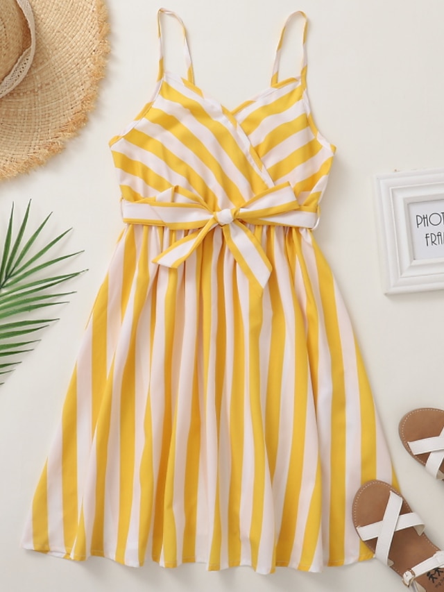 Baby & Kids Girls Clothing | Kids Little Girls Dress Striped Color Block A Line Dress Sports & Outdoor Daily Lace up Yellow Ligh