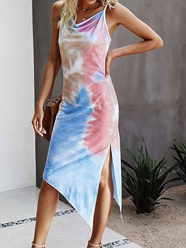 Womens Clothing Womens Dresses | Womens A Line Dress Midi Dress Gray Pink Orange Sleeveless Tie Dye Backless Split Print Spring 