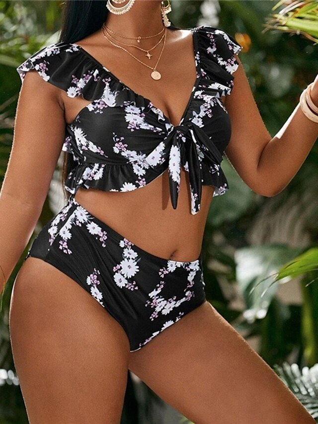 Womens Clothing Womens Swimwear | Womens Swimwear Bikini 2 Piece Plus Size Swimsuit Ruffle Open Back Printing Floral Black Blue 