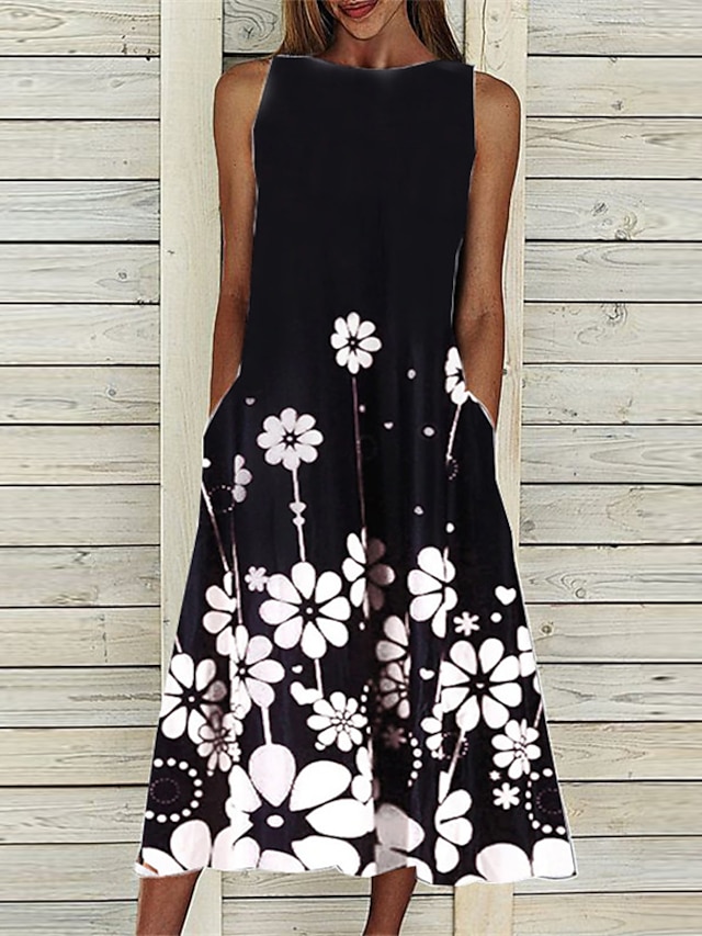 Womens Clothing Womens Dresses | Womens A Line Dress Midi Dress Black Sleeveless Floral Pocket Print Spring Summer Crew Neck Cas
