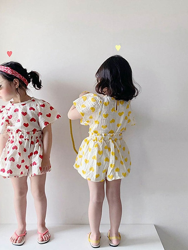 Baby & Kids Girls Clothing | Kids Toddler Girls T-shirt & Shorts Clothing Set 2 Pieces Short Sleeve Yellow Red Heart Peplum Prin