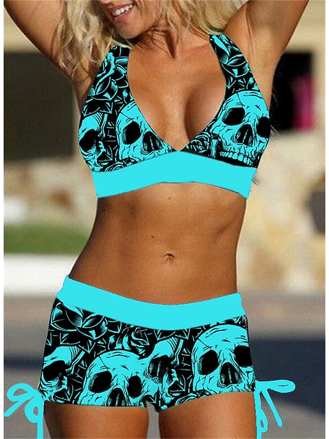 Womens Clothing Womens Swimwear | Womens Swimwear Bikini 2 Piece Plus Size Swimsuit Open Back Printing Leopard Skull White Blue 