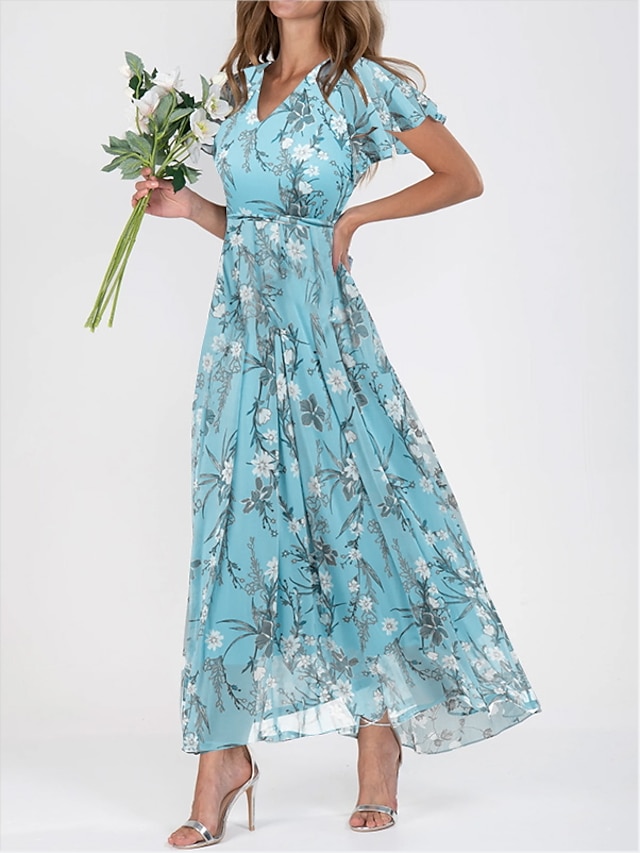 Damen Casual kleid kleid lang Blau Grün Kurzarm Blumen Rüschen Frühling ...