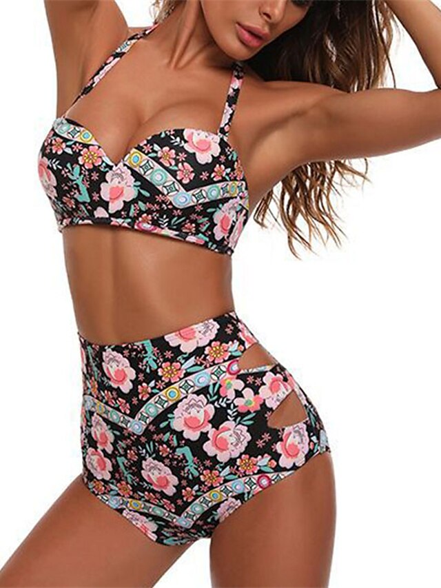 Womens Clothing Womens Swimwear | Womens Swimwear Bikini 2 Piece Normal Swimsuit Backless Printing High Waisted Hole Floral Leaf