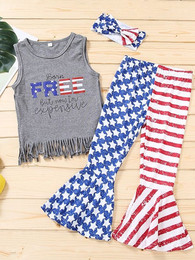 Baby & Kids Girls Clothing | Kids Girls American Independence Day Clothing Set 3 Pieces Sleeveless Grey Stripe Flag Patchwork Pr