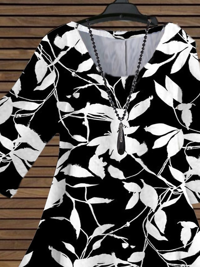 Womens Clothing Plus Size Collection | Womens Plus Size Tops Blouse Shirt Leaf Print 3/4 Length Sleeve Crewneck Streetwear Daily