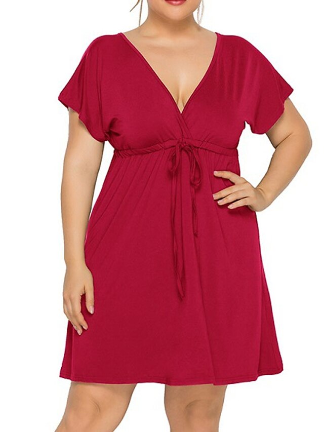 Womens Clothing Plus Size Collection | Womens Plus Size A Line Dress Solid Color V Neck Short Sleeve Spring Summer Work Short Mi