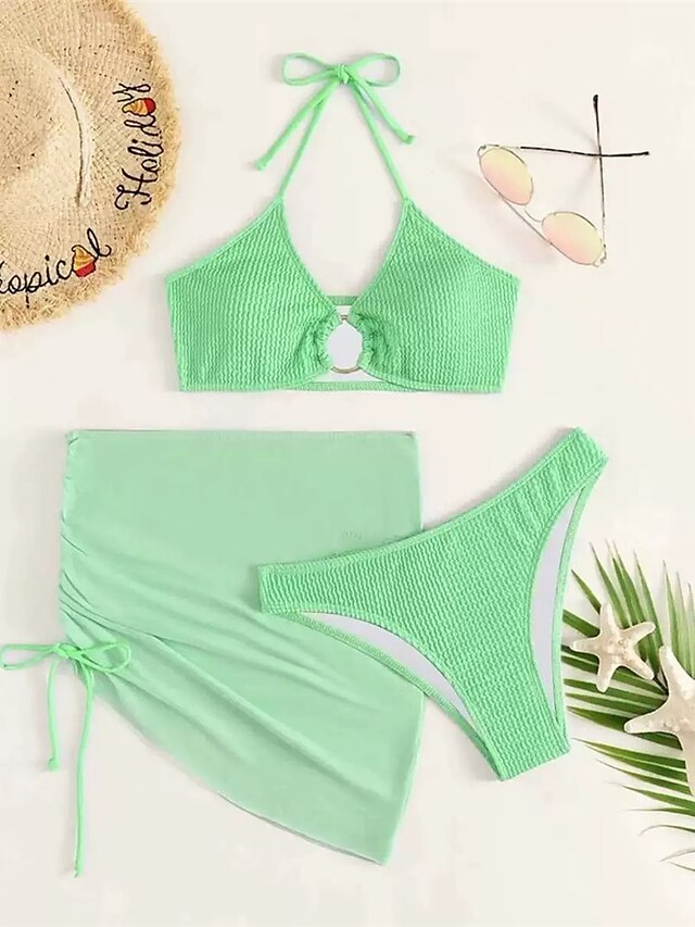 Womens Clothing Womens Swimwear | Womens Swimwear Bikini Three Piece Normal Swimsuit Open Back string Pure Color Green White Bla