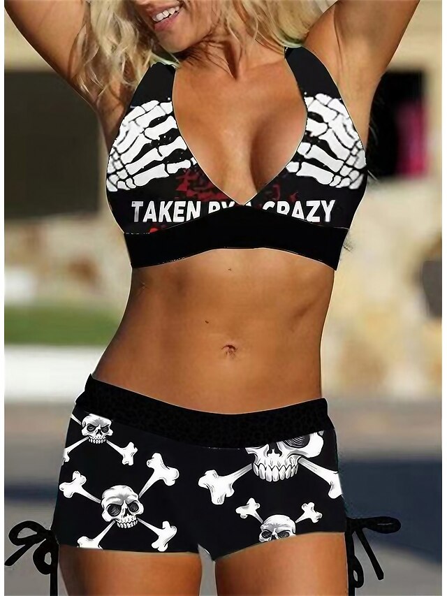 Women's Swimsuits Bikini 2 Piece Plus Size Swimsuit Open Back Printing Leopard Skull White Blue Purple Red V Wire Bathing Suits New Vacation Holiday / Modern / Letter / Flower / Padded Bras4
