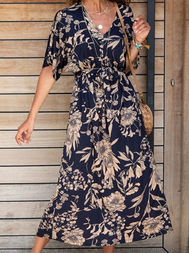 Womens Clothing Womens Dresses | Womens Swing Dress Maxi long Dress Dark Blue 3/4 Length Sleeve Floral Print Spring Summer V Nec