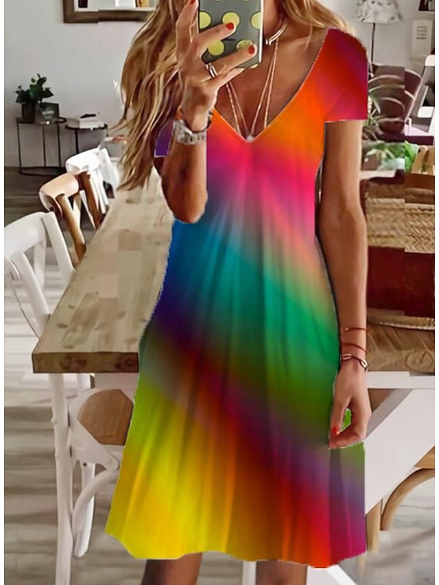  Women's Casual Dress Color Gradient Patchwork V Neck Midi Dress Casual Daily Short Sleeve Summer Spring
