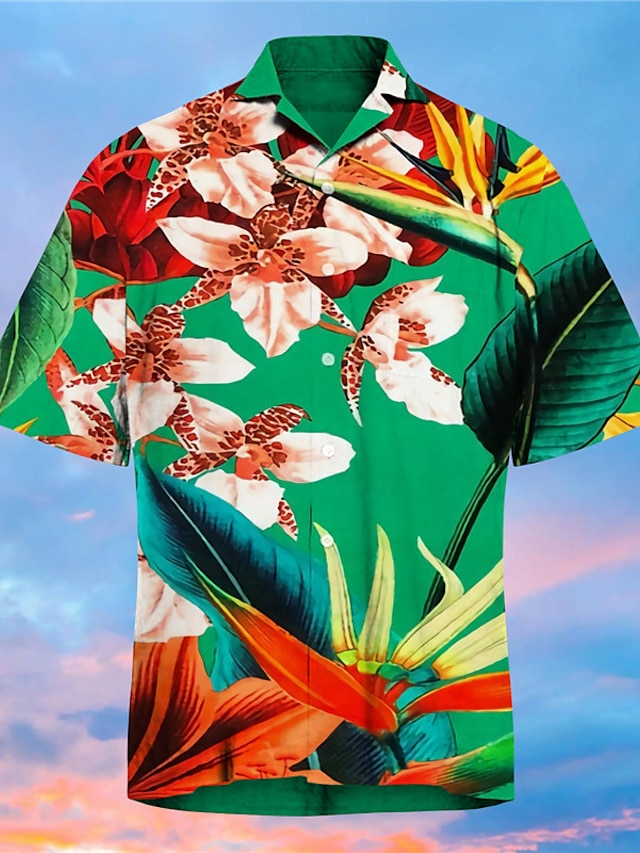  Men's Shirt Print Floral Turndown Street Casual Button-Down Print Short Sleeve Tops Casual Fashion Designer Hawaiian Green