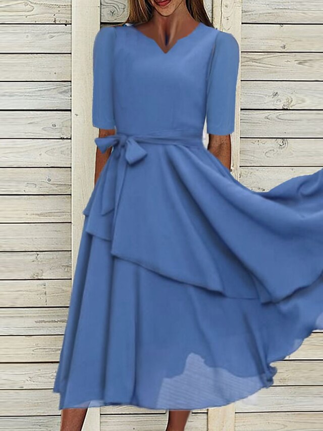 Womens Clothing Womens Dresses | Womens A Line Dress Midi Dress Blue Half Sleeve Solid Color Ruched Spring Summer V Neck Party E