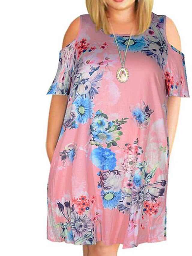 Womens Clothing Plus Size Collection | Womens Plus Size Shift Dress Floral Round Neck Print Short Sleeve Spring Summer Casual Sh