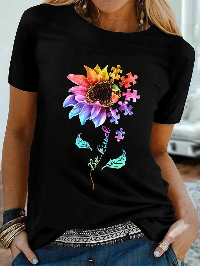 Womens Clothing Womens Tops | Womens Sunflower Casual Weekend Floral Painting T shirt Tee Short Sleeve Print Round Neck Basic Es