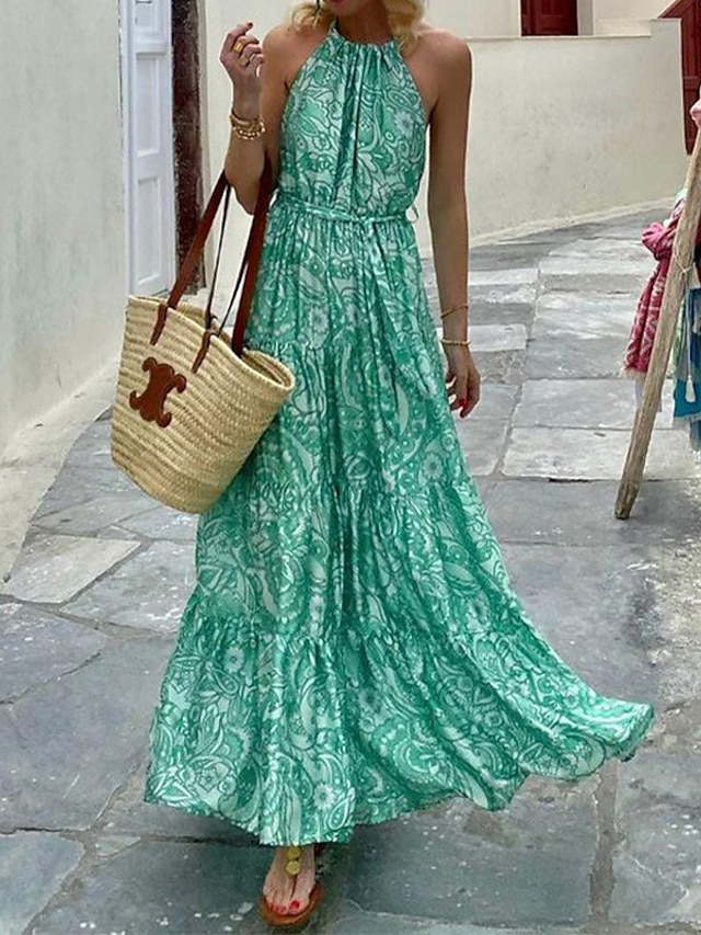 Womens Clothing Womens Dresses | Womens A Line Dress Maxi long Dress Green Blue Fuchsia Sleeveless Floral Color Gradient Backles