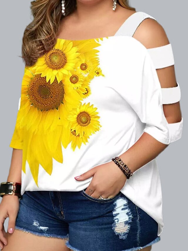 Womens Clothing Plus Size Collection | Womens Plus Size Tops Blouse T shirt Tee Floral Backless Cut Out 3/4 Length Sleeve One Sh