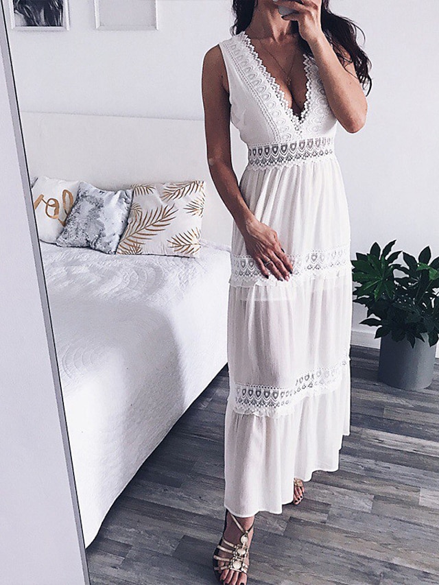 Womens Clothing Womens Dresses | Womens A Line Dress Maxi long Dress White Sleeveless Pure Color Backless Lace Spring Summer Dee