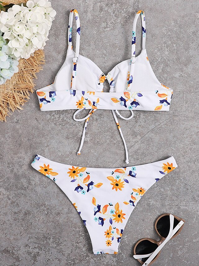 Womens Clothing Womens Swimwear | Womens Swimwear Bikini 2 Piece Normal Swimsuit Open Back Printing string Floral White Strap Ba