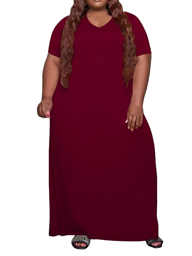 Womens Clothing Plus Size Collection | Womens Plus Size Shift Dress Solid Color V Neck Short Sleeve Spring Summer Casual Maxi lo