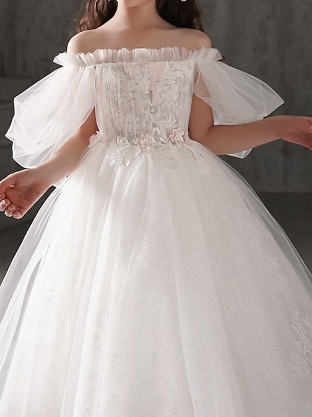  Παιδιά Λίγο Κοριτσίστικα Φόρεμα Μονόχρωμο Φόρεμα σε γραμμή Α Πάρτι Σουρωτά Δίχτυ Στάμπα Λευκό Τούλι Βαμβάκι Ασύμμετρο Κοντομάνικο Πριγκίπισσα χαριτωμένο στυλ Φορέματα Άνοιξη Καλοκαίρι Κανονικό 3-12