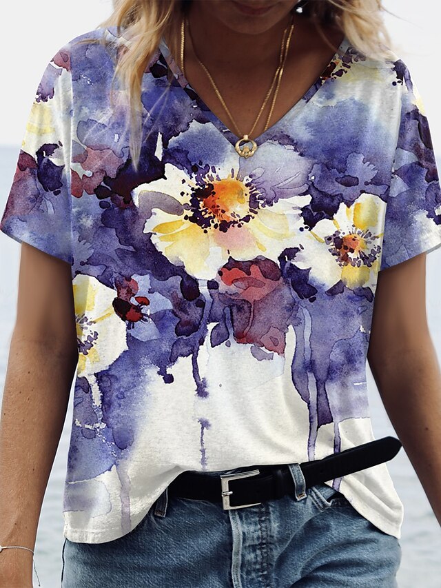 Womens Clothing Womens Tops | Womens Casual Holiday Floral Abstract Painting T shirt Tee Floral Short Sleeve Print V Neck Basic 