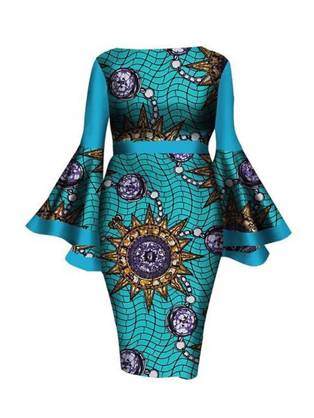 Womens Clothing Plus Size Collection | Womens Plus Size Sheath Dress Print Round Neck Long Sleeve Spring Summer Casual Knee Leng