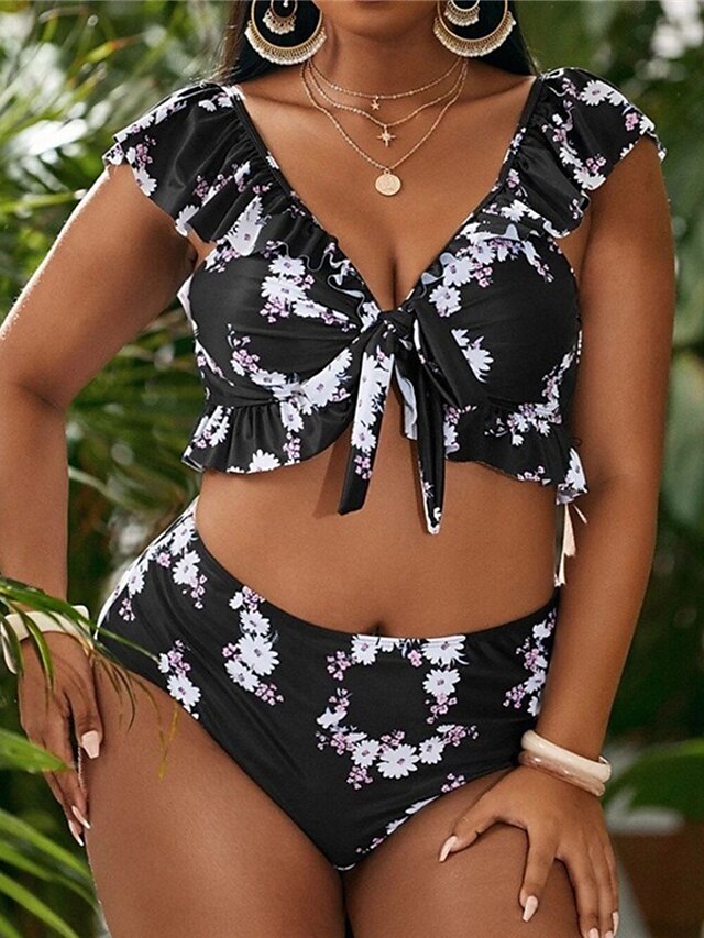 Womens Clothing Womens Swimwear | Womens Swimwear Bikini 2 Piece Plus Size Swimsuit Ruffle Open Back Printing Floral Black Blue 