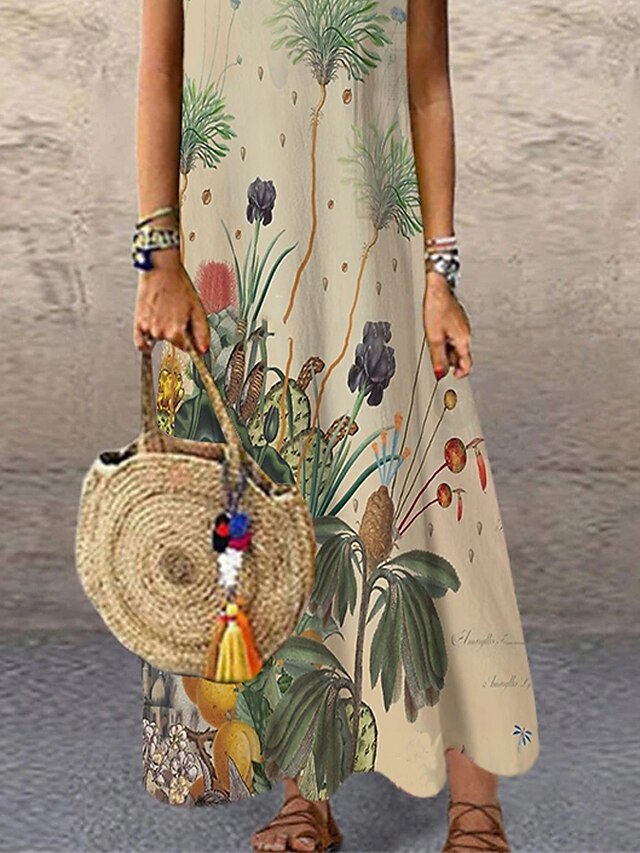 Womens Clothing Womens Dresses | Womens Shift Dress Maxi long Dress Khaki Sleeveless Floral Print Print Spring Summer Round Neck