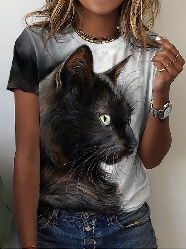  Women's T shirt Tee Cat 3D Casual Weekend 3D Cat Painting Short Sleeve T shirt Tee Round Neck Print Basic Essential Black S / 3D Print