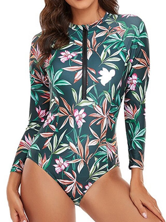 Womens Clothing Womens Swimwear | Womens Swimwear Rash Guard Diving Normal Swimsuit Tummy Control Printing High Waisted Leaves G