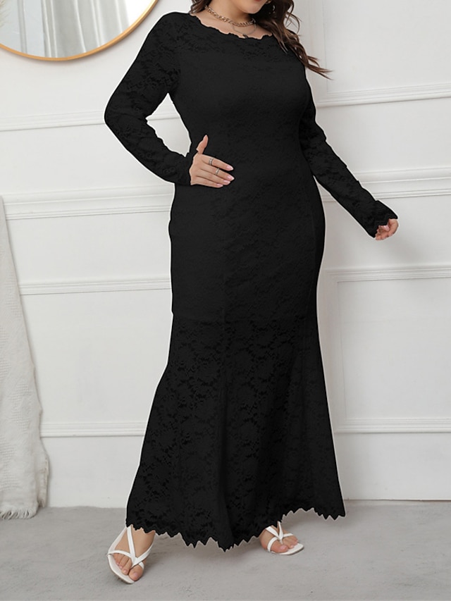 Womens Clothing Plus Size Collection | Womens Plus Size Sheath Dress Solid Color Round Neck Lace Long Sleeve Spring Summer Work 