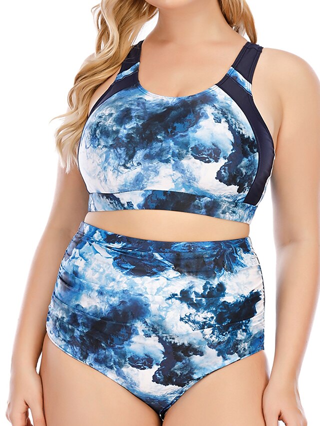 Womens Clothing Womens Swimwear | Womens Swimwear Bikini 2 Piece Plus Size Swimsuit Printing Tie Dye Blue Bathing Suits New Vaca