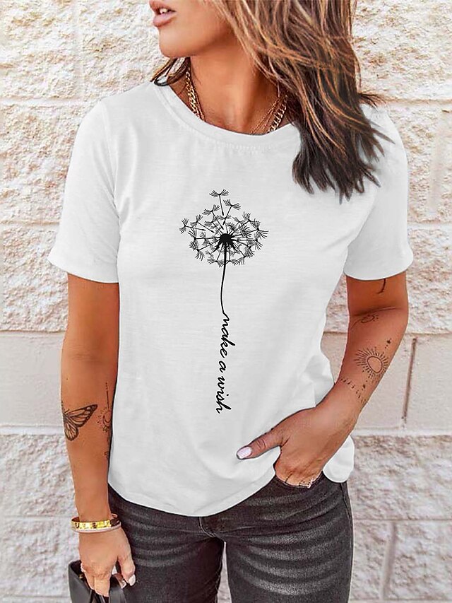 Womens Clothing Womens Tops | Womens Casual Weekend Floral Painting T shirt Tee Dandelion Short Sleeve Print Round Neck Basic To