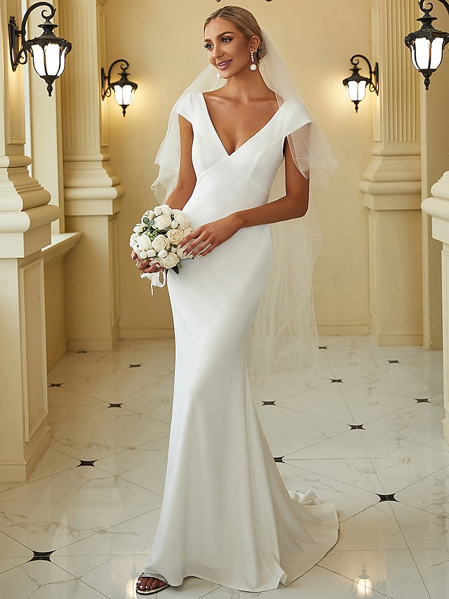  простые свадебные платья для приема, русалка/труба с v-образным вырезом, рукавами и кистью, свадебные платья из эластичной ткани с драпировкой, сплошной цвет 2024