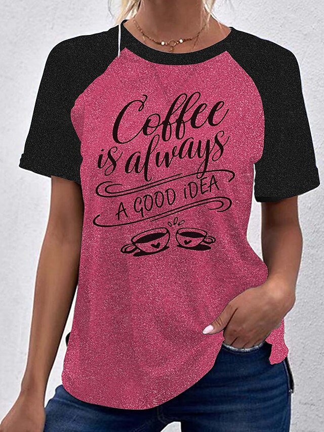 Womens Clothing Womens Tops | Womens Graphic Patterned Color Block Text Casual Weekend Coffee Cup Painting Drink T shirt Tee Sho