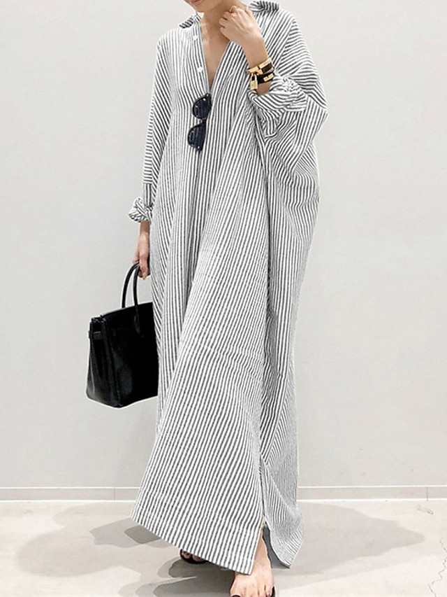 Womens Clothing Womens Dresses | Womens Shift Dress Maxi long Dress White Black Blue Long Sleeve Striped Split Button Print Spri