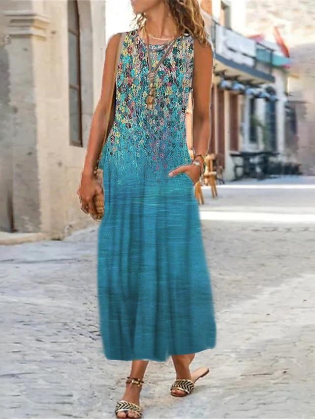 Womens Clothing Womens Dresses | Womens Shift Dress Maxi long Dress Green Blue Light Blue Sleeveless Floral Color Gradient Print