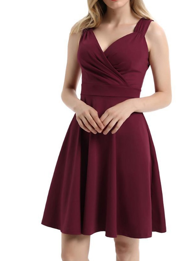 Womens Clothing Womens Dresses | Womens Party Dress Knee Length Dress White Purple Wine Red Sleeveless Pure Color Ruched Cold Sh