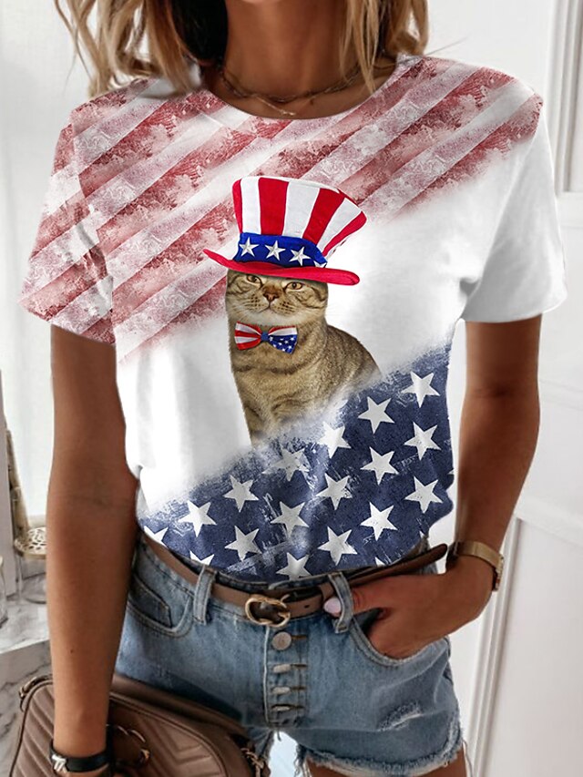 Womens Clothing Womens Tops | Womens Cat Stars and Stripes Casual Weekend Independence Day Painting T shirt Tee Short Sleeve Pri