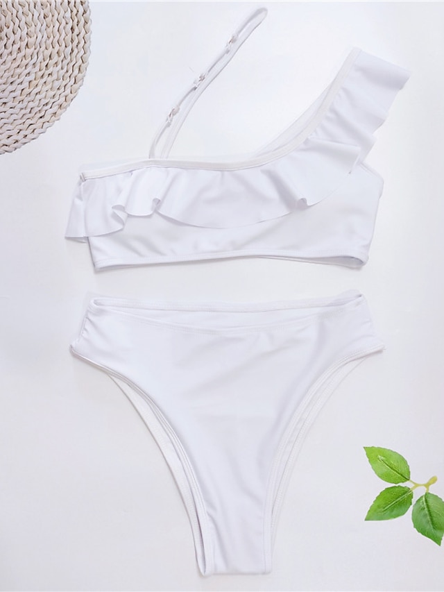 Womens Clothing Womens Swimwear | Womens Swimwear Bikini 2 Piece Normal Swimsuit Ruffle Open Back Pure Color Green White Black P