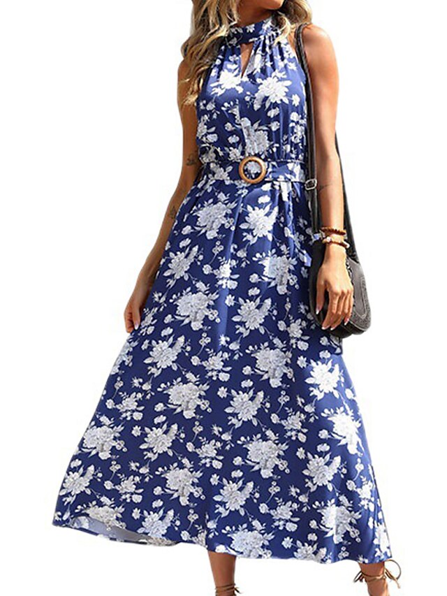 Womens Clothing Womens Dresses | Womens A Line Dress Maxi long Dress Royal Blue Sleeveless Floral Print Spring Summer Halter Nec