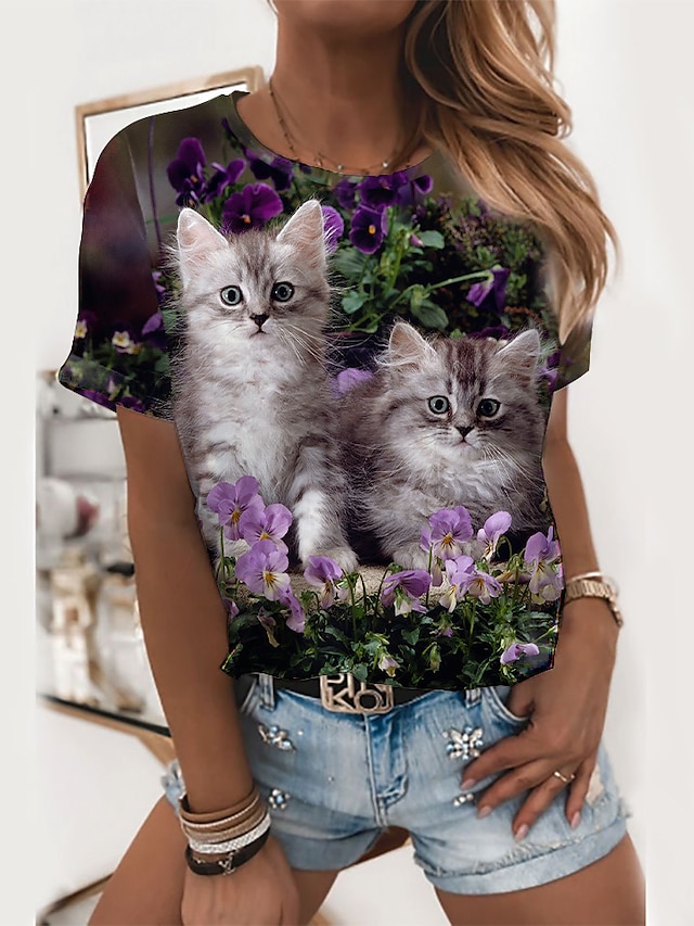  Women's T shirt Tee Black Print Floral Cat Casual Weekend Short Sleeve Round Neck Basic Regular Floral 3D Cat Painting S